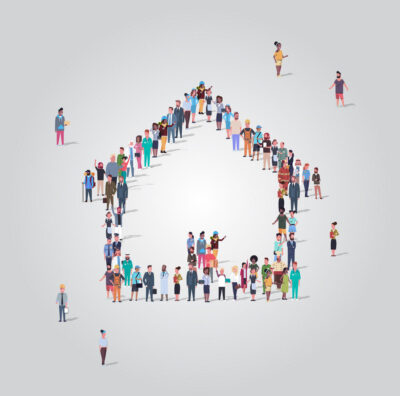 people crowd gathering in home icon shape social media community house building concept different occupation employees group standing together full length